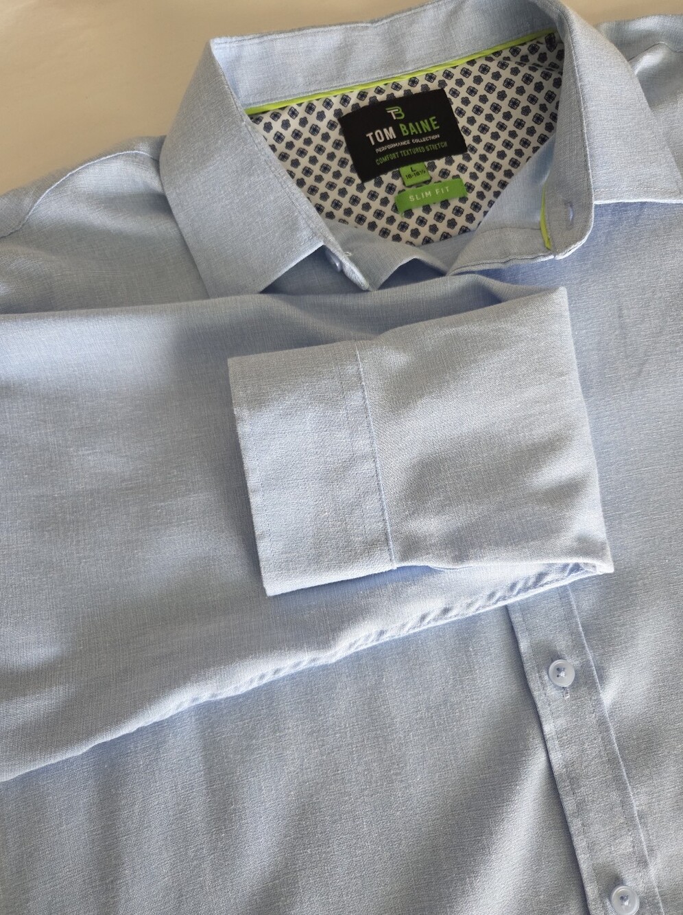 Tom Baine Performance Dress Shirt Mens L 16-16.5 Slim Fit Stretch Light Blue